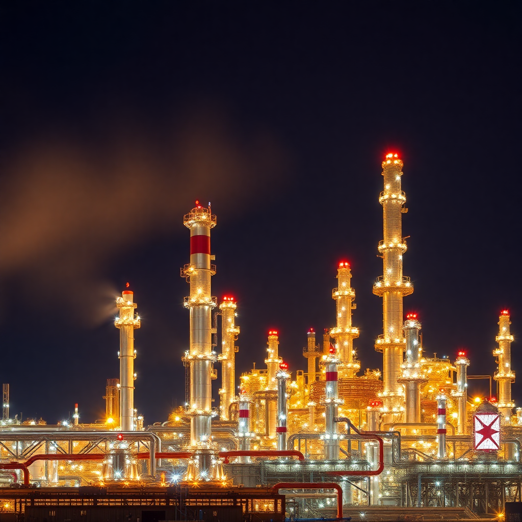 modern oil refinery with distillation towers at night illuminated industrial