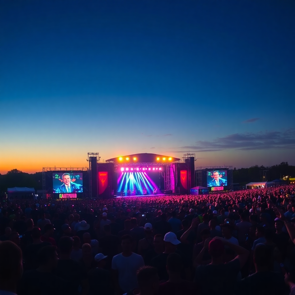 A vibrant outdoor music festival at dusk, with a large stage, colorful lights, and a massive, energetic crowd.