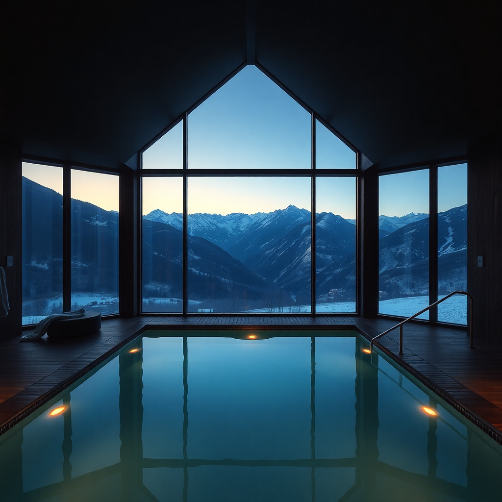 Sport Wellness Mountain Spa Sport Hotel Hermitage Soldeu Andorra luxury indoor pool thermal circuit mountain view panoramic windows alpine spa atmosphere dark cinematic warm light editorial photography