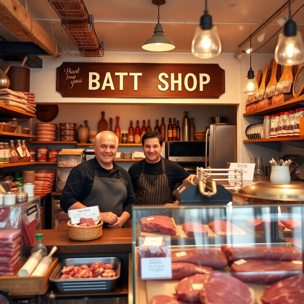 family butcher shop interior, friendly staff behind counter, warm community atmosphere, rustic local business, candid photography