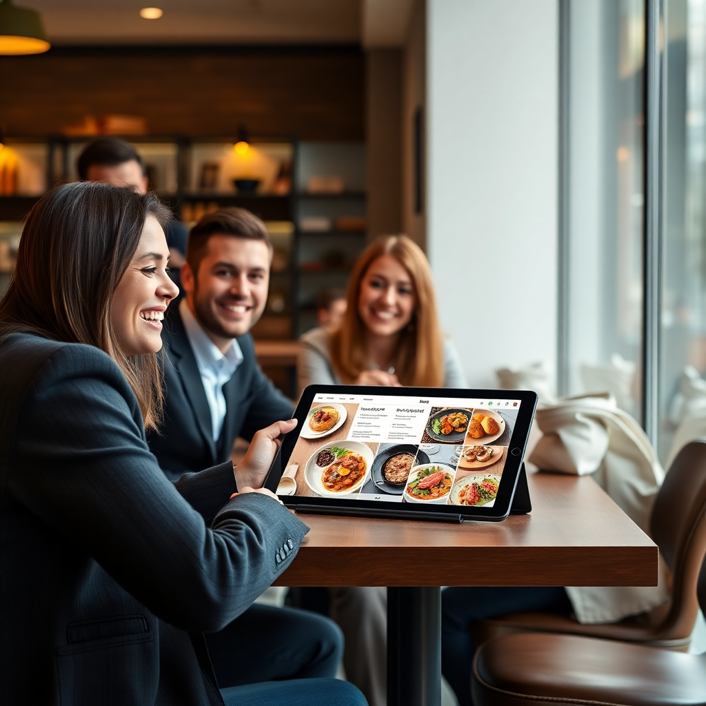 Clientes usando cardápio digital interativo no restaurante
