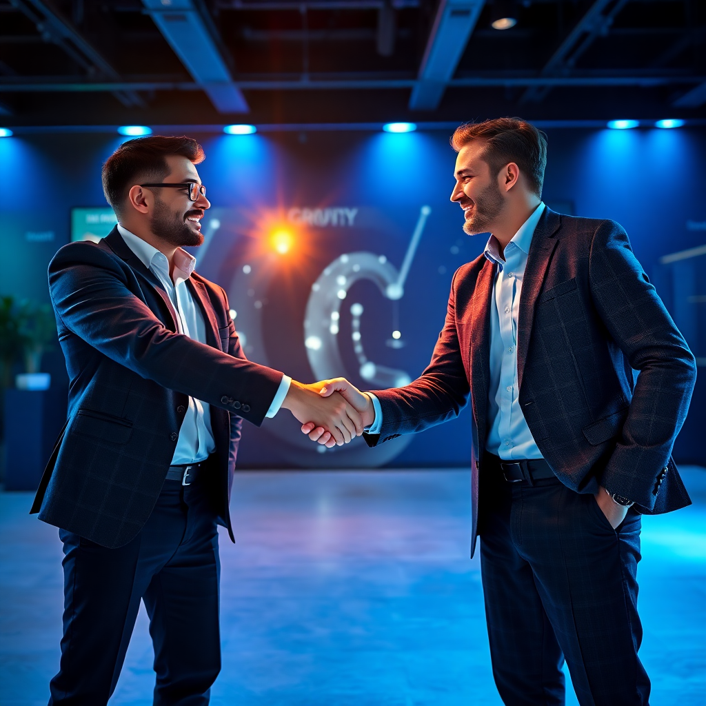 handshake between business partners celebrating success, revenue growth celebration, professional setting, blue lighting