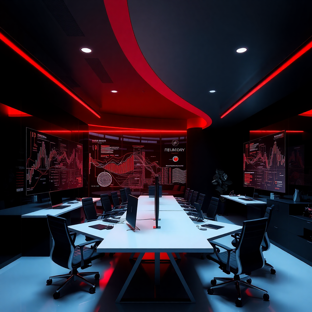 dark modern office interior or abstract tech data visualization professional red accents