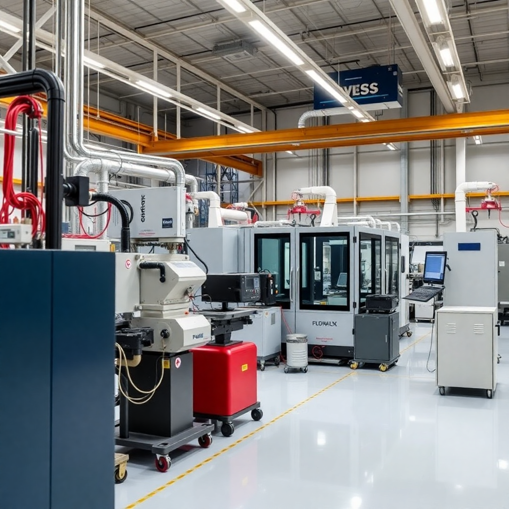 modern technical facility with specialized equipment and automation systems, professional industrial environment, clean high-tech workspace