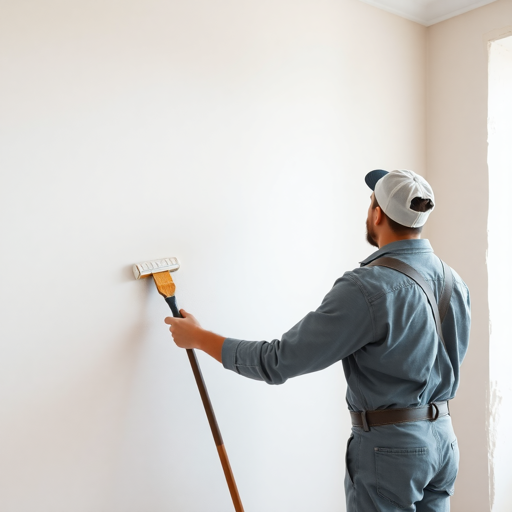 painter working on interior wall painting and plastering