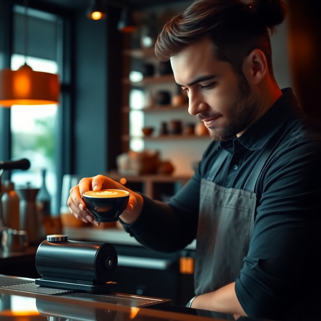 barista preparing specialty coffee with latte art in dark modern cafe, warm orange lighting