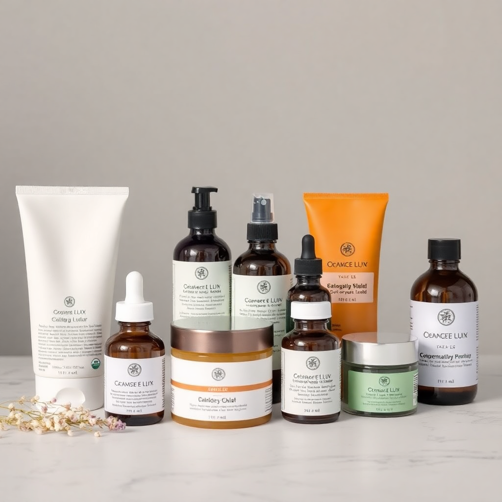 organic skincare products display, natural beauty products, professional product photography