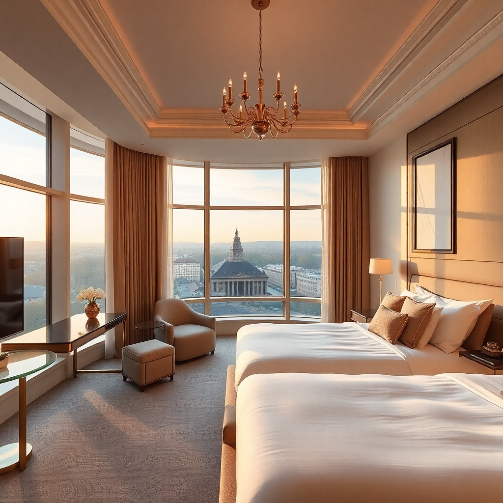 Luxurious hotel suite in Munich, elegant Bavarian interior design, panoramic windows, sophisticated decor, golden hour lighting
