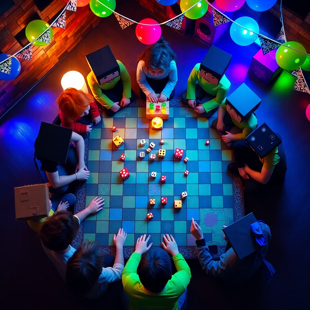 minecraft players sitting around a large game board with dice and colorful party decorations, top-down view, vibrant lighting