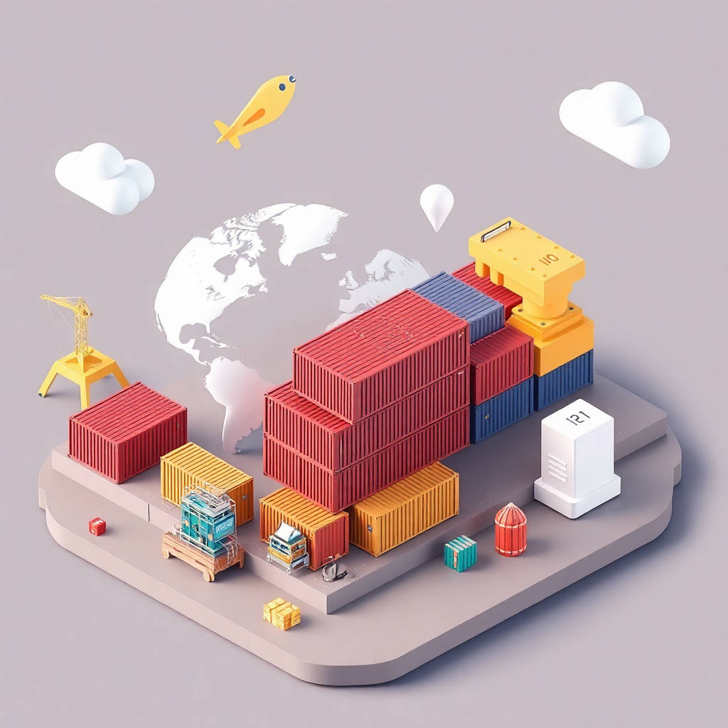 3D-Illustration globaler Handels- und Versandcontainer mit modernen abstrakten Elementen, professionellem Corporate Style