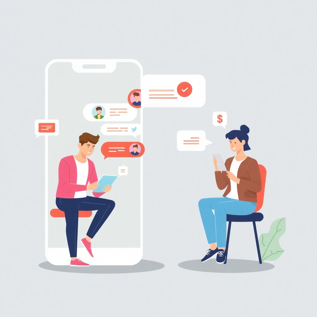 mobile app illustration showing people chatting and making payments on smartphones, modern flat design style