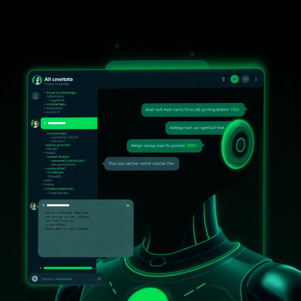 modern AI chatbot interface with dark theme, green accents, futuristic design, code elements