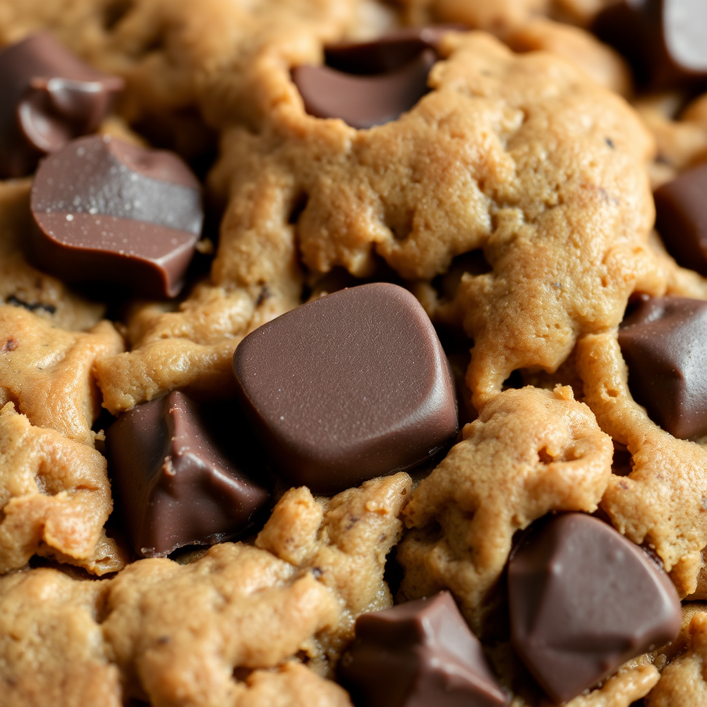 close up texture of dark chocolate chunks in a baked cookie