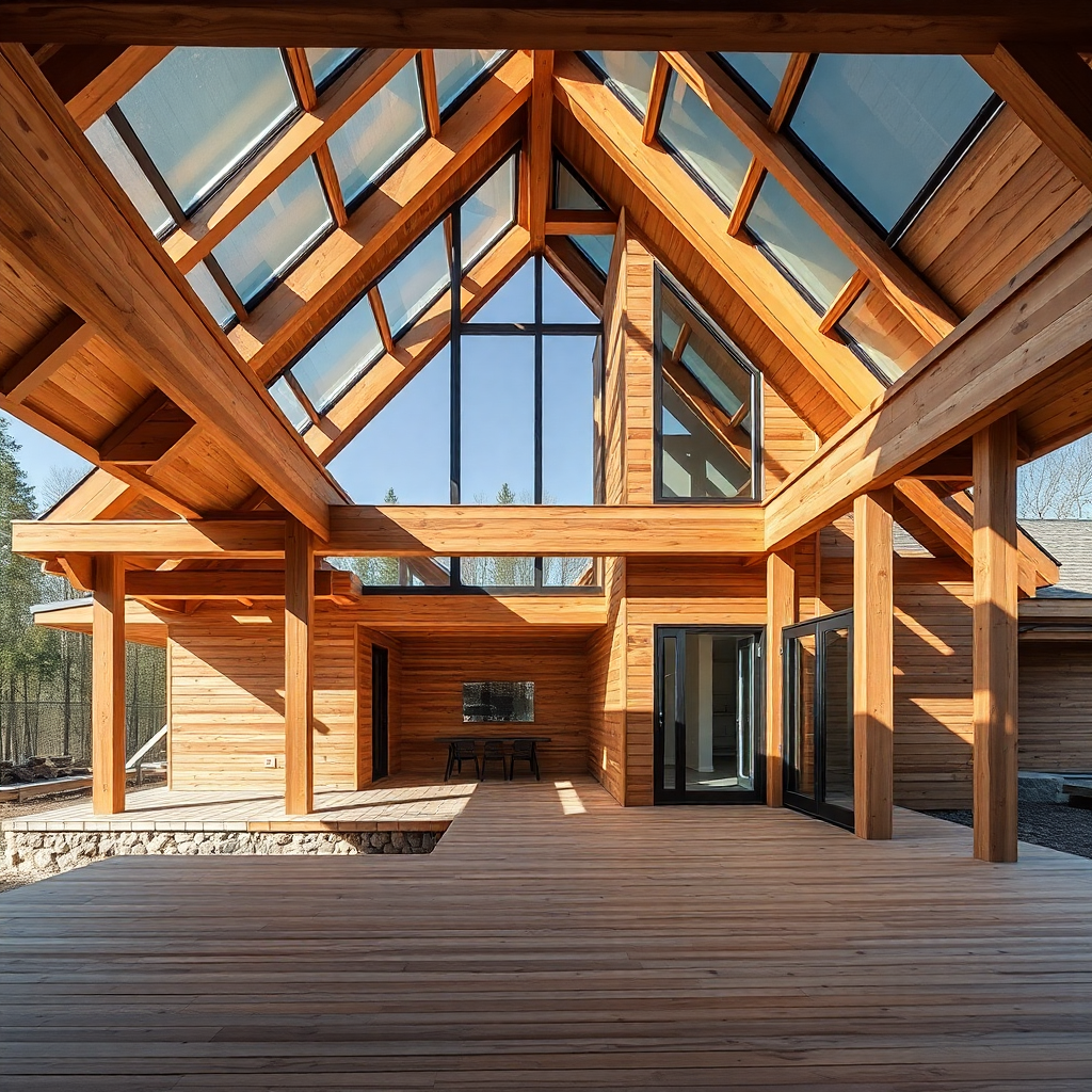 modern wooden house construction, timber frame building, natural materials, professional architecture photography