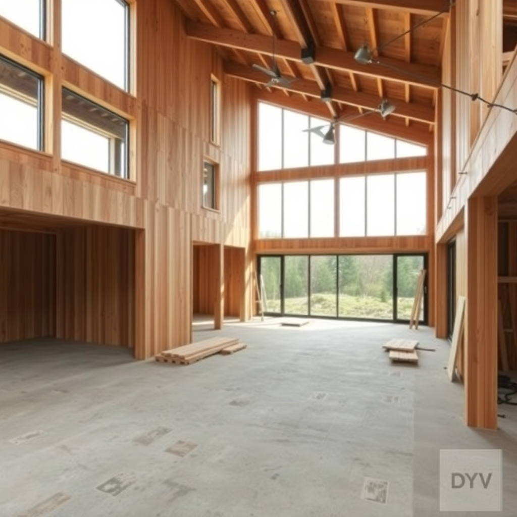 modern wooden house construction site with natural materials, architectural photography, warm natural lighting, professional quality