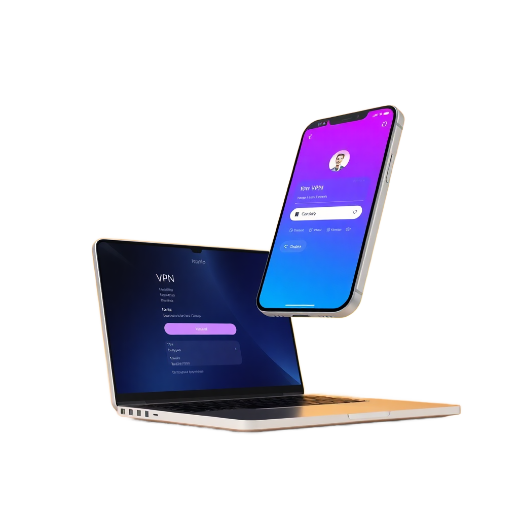 modern VPN app interface on smartphone and laptop mockup, purple and blue gradient UI design, floating on transparent background, high quality 3D render