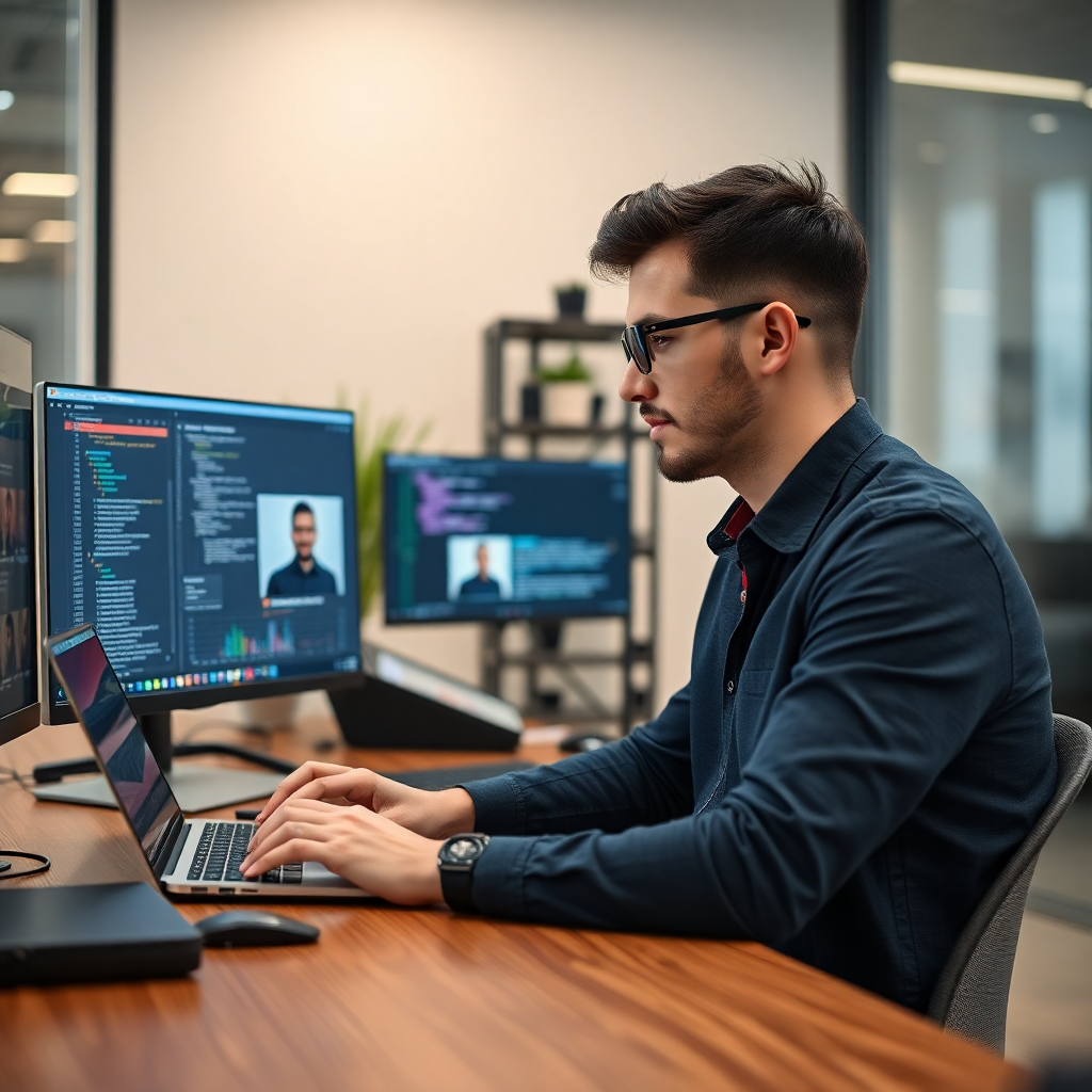 professionele ontwikkelaar aan het werk op laptop, video-oproepinterface, moderne werkruimte, codeeromgeving, tech professional