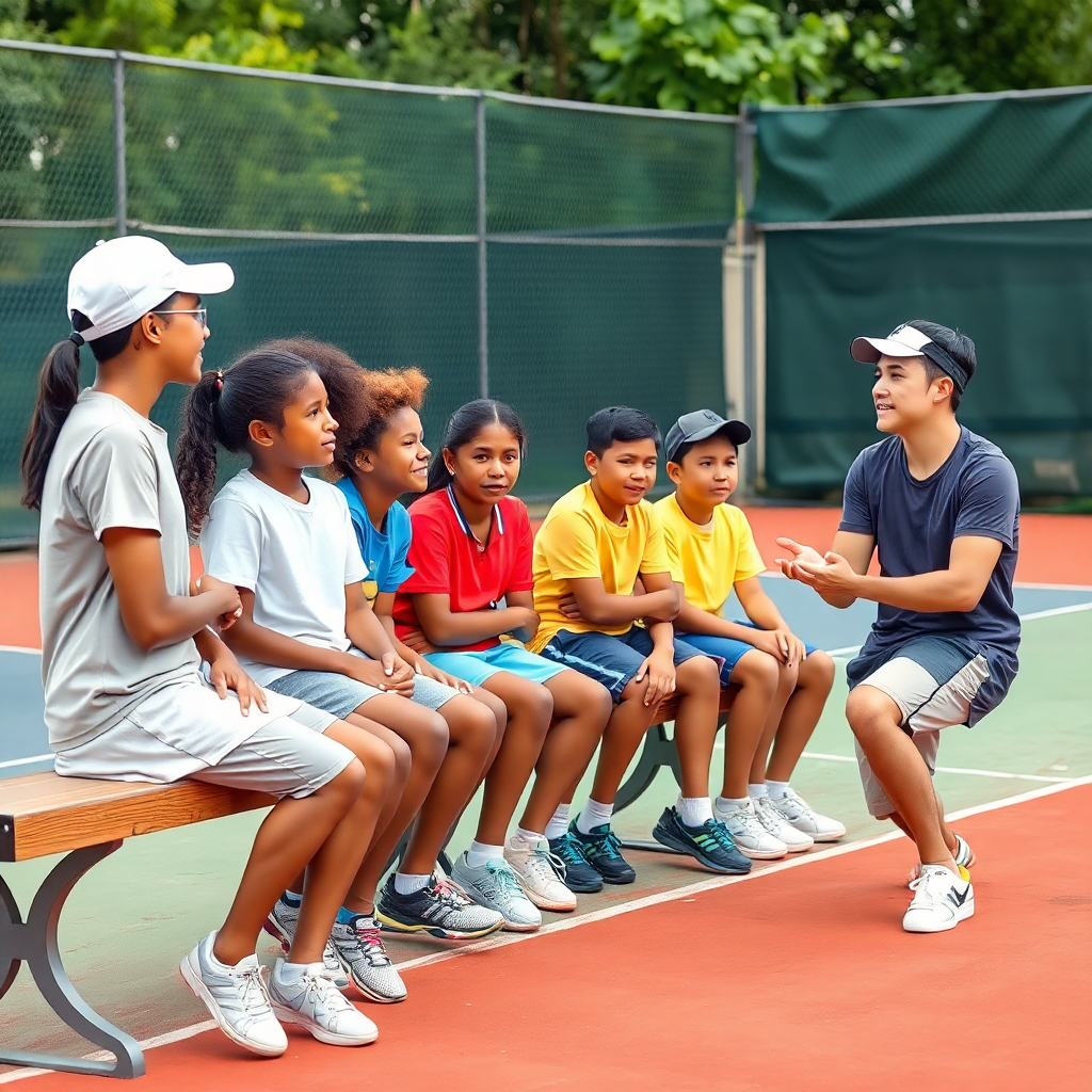tennis coach talking to a group of young students sitting on a bench court side, inspiring moment, diverse group