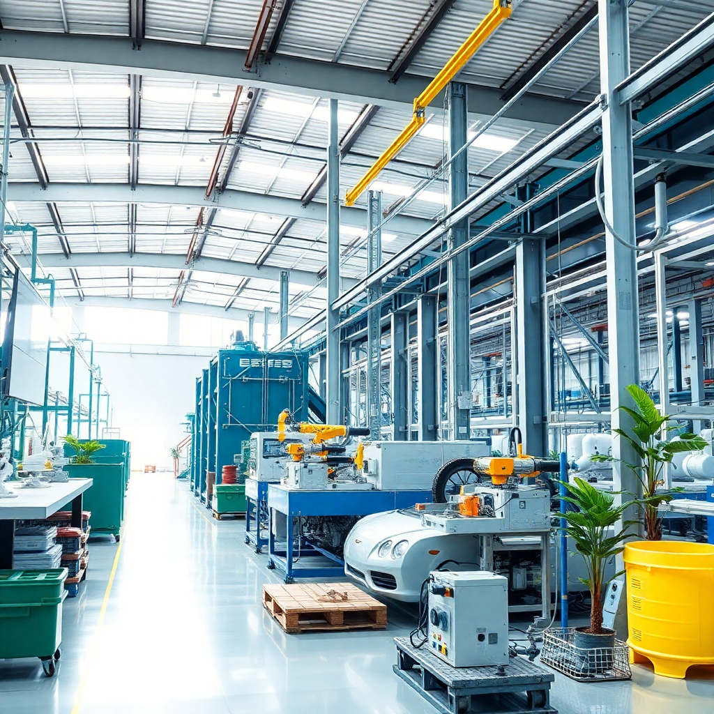 modern eco-friendly manufacturing facility, sustainable production line, clean industrial environment