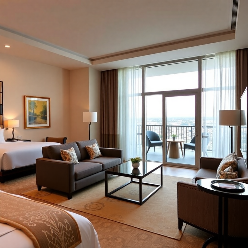 luxury hotel suite with living area balcony and premium furnishings