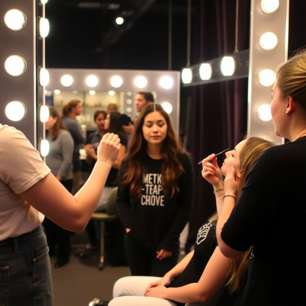 Élèves en maquillage dans les coulisses avant le spectacle