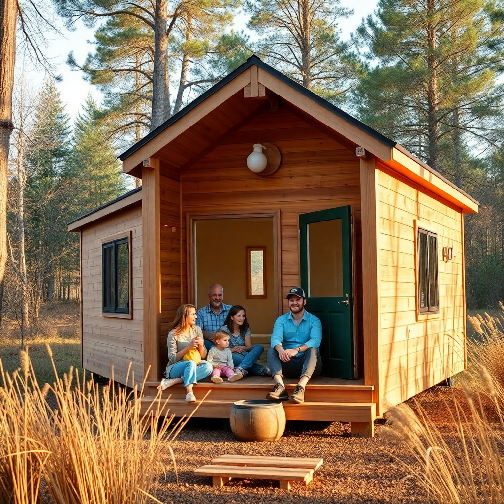 cedar tiny homes in natural setting with families enjoying outdoor community spaces, warm natural lighting