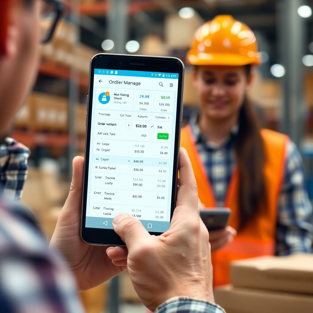 Sales team using mobile app in field, order management