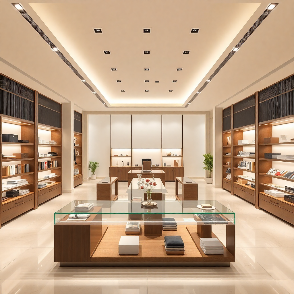 luxury minimalist commercial showroom interior with high-end trading products, bright lighting, professional atmosphere