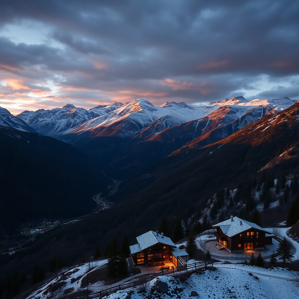 cinematic aerial view Andorra la Vella Pyrenees mountains golden hour dramatic alpine peaks luxury private chalet valley below editorial ultra high end photography dark moody