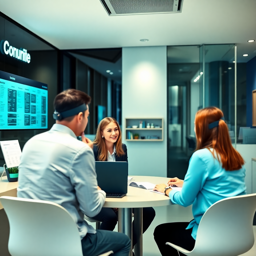 professional financial consultation office, modern banking environment, customers discussing with advisors