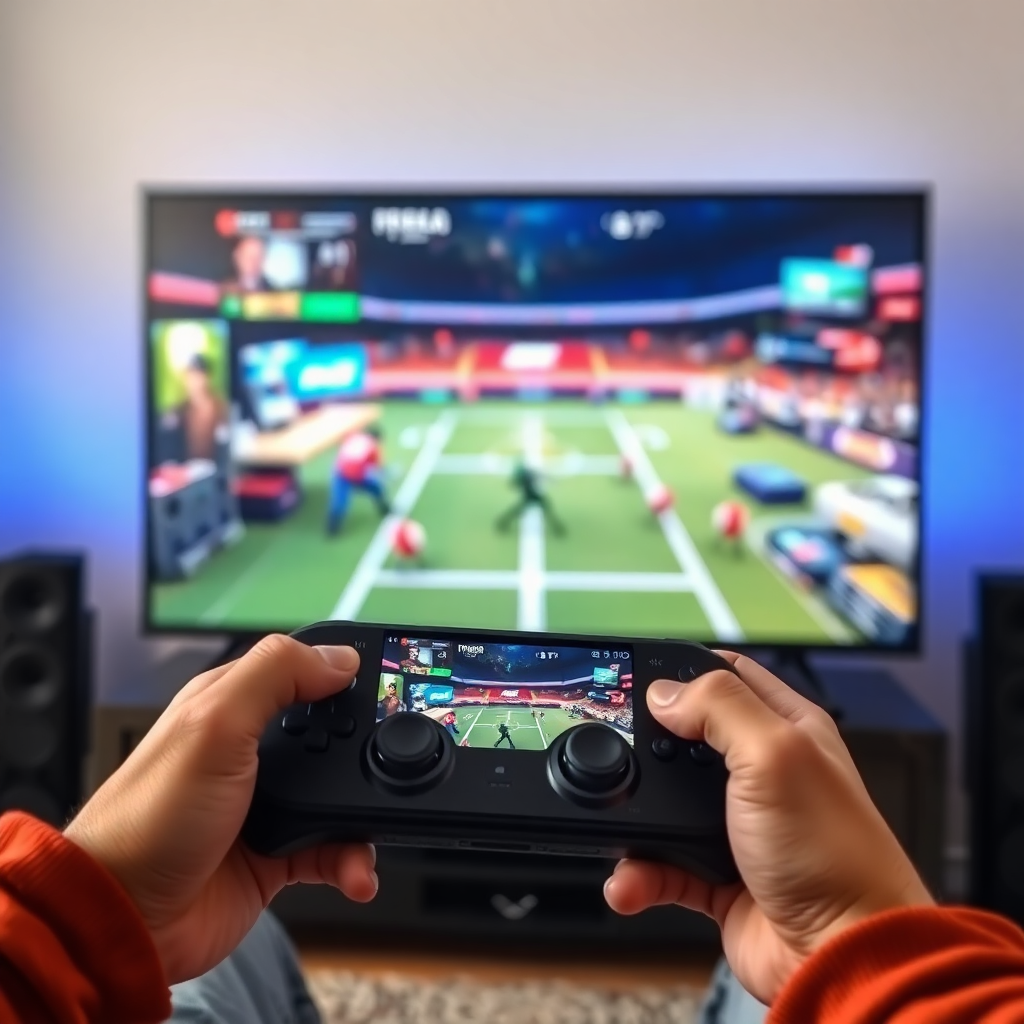 mobile gaming on large TV screen with controller, competitive gaming setup