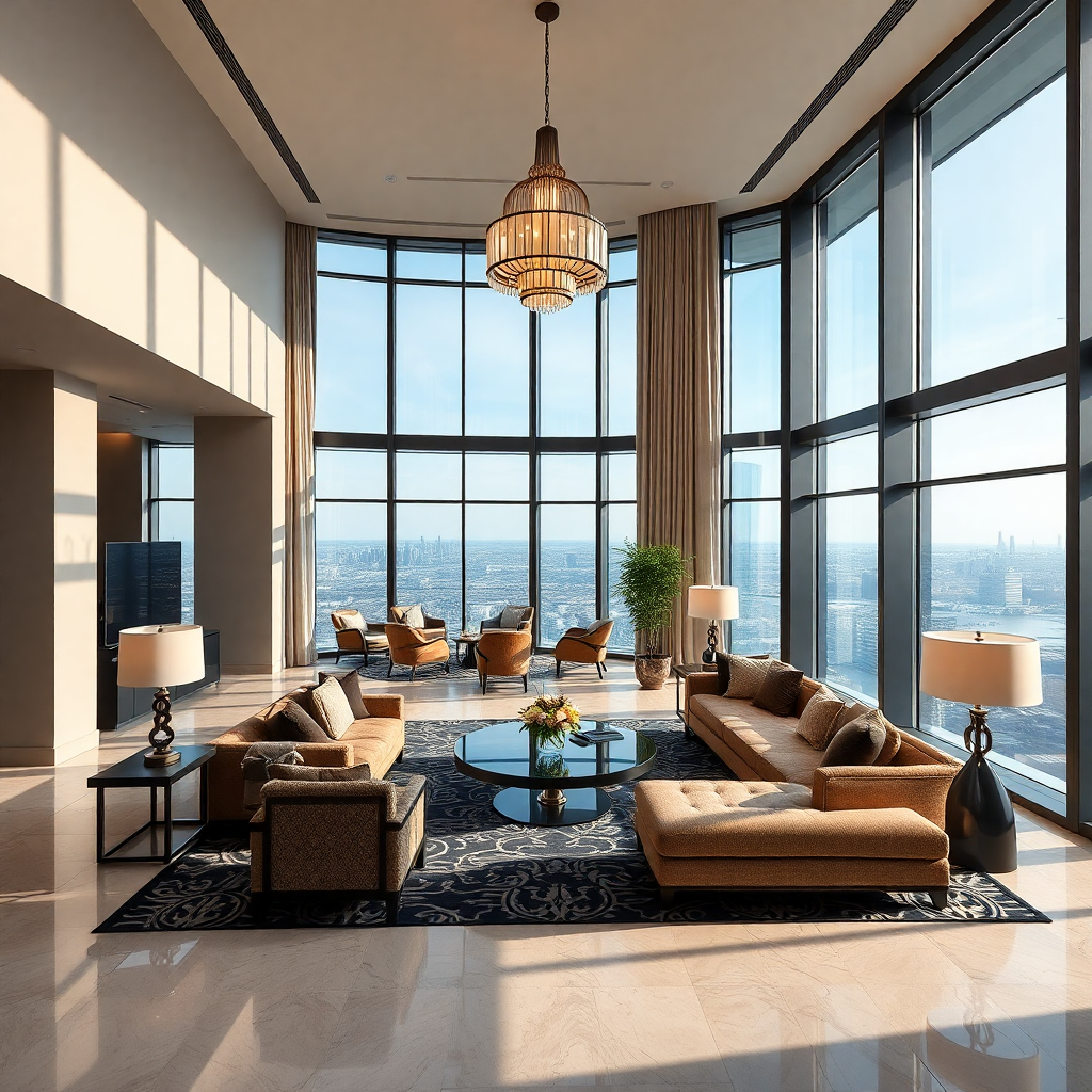 luxury hotel penthouse with elegant living room, grand windows, sophisticated decor, professional hotel photography