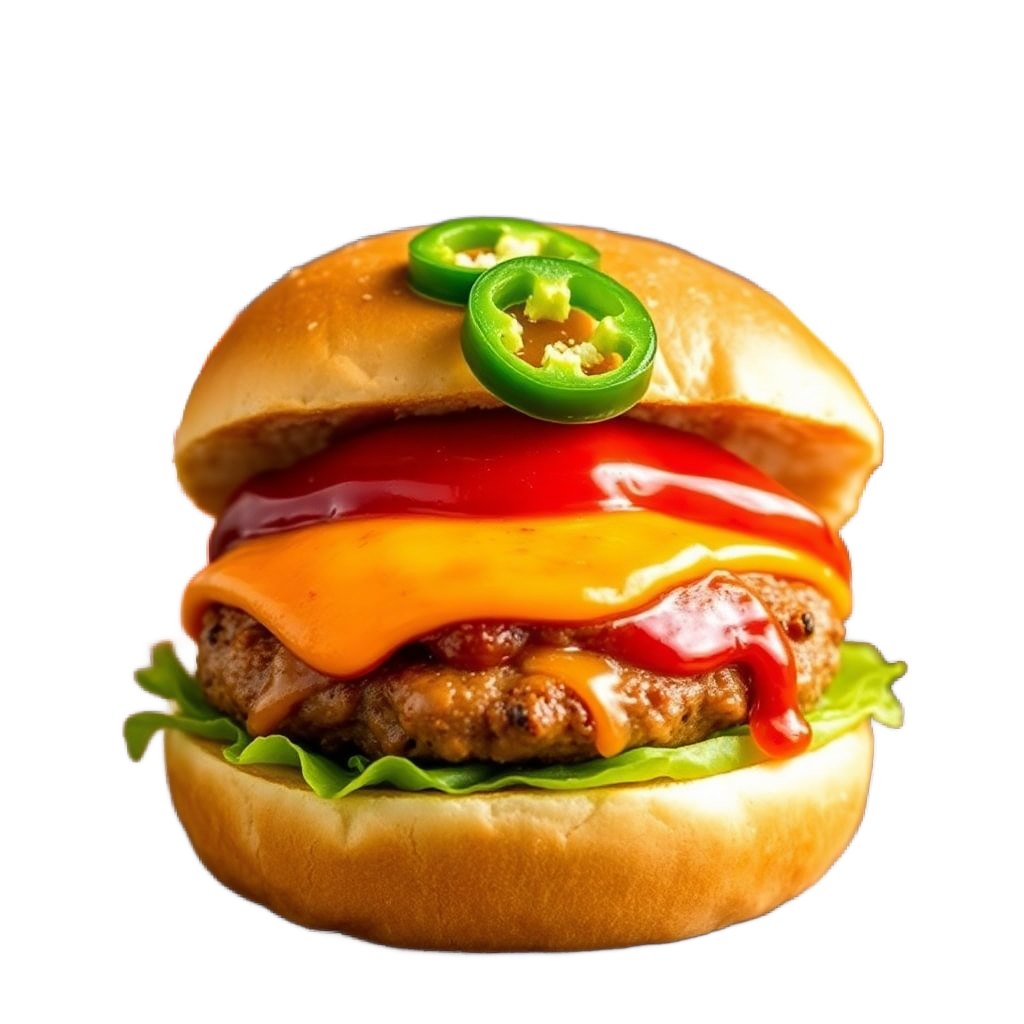 spicy jalapeño burger with red sauce pepper jack cheese habanero sauce product photography
