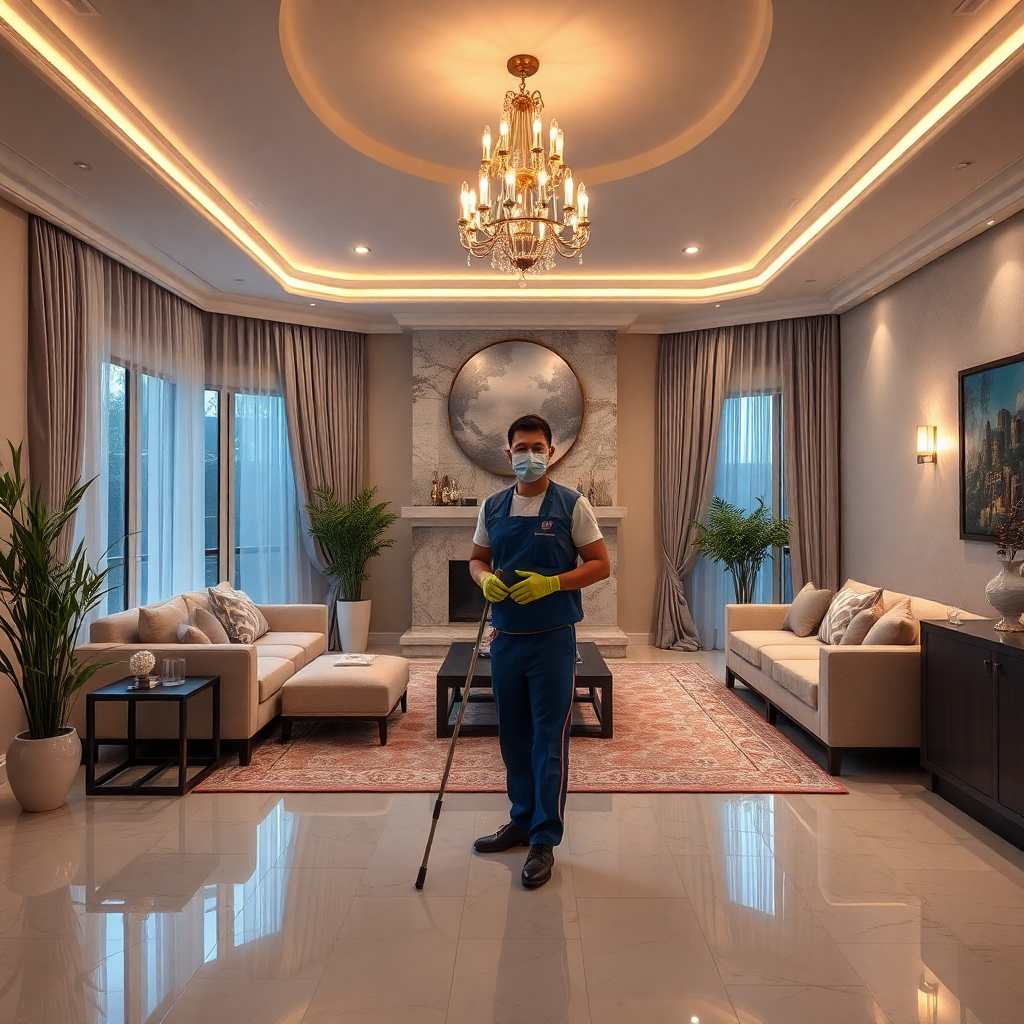 professional housekeeping staff in luxury home, cinematic lighting