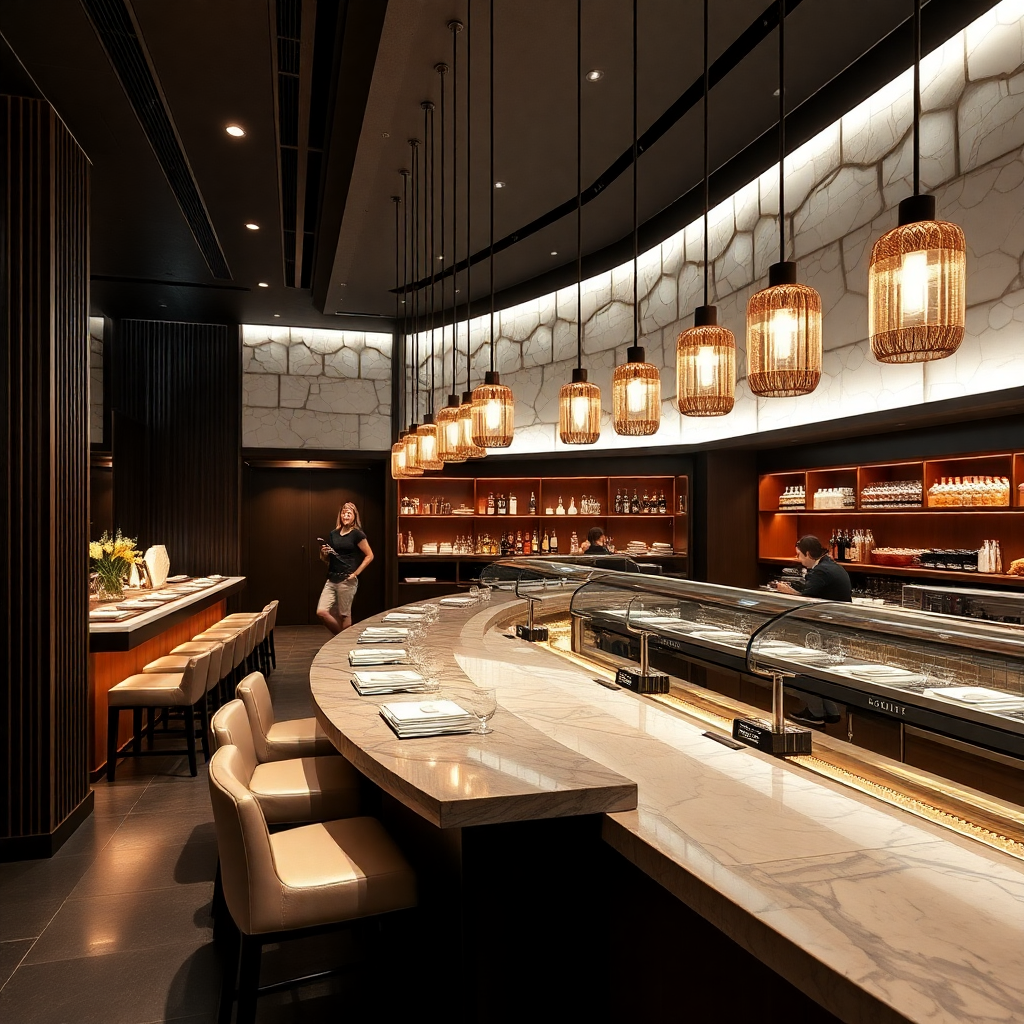 modern japanese sushi restaurant, minimalist elegant interior, sushi bar, premium ambiance, sophisticated design
