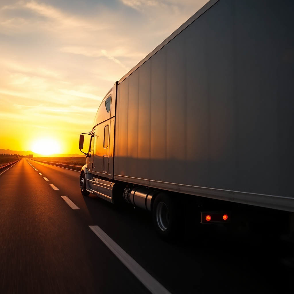 Professional high quality corporate photography of a modern semi-truck driving on a scenic highway at sunset, dynamic angle, high contrast, matching professional logistics corporate aesthetic