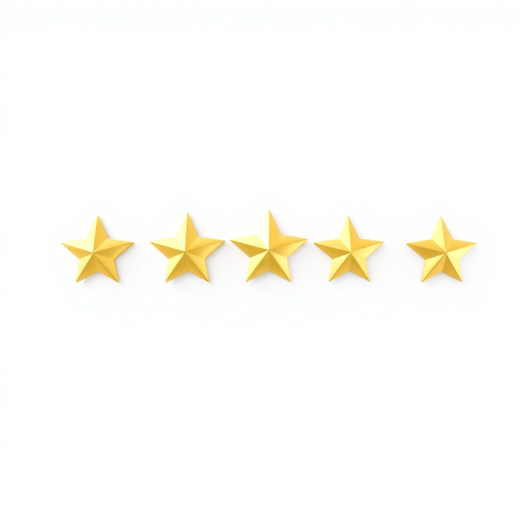 five gold stars rating symbol on white background, 3d render clean