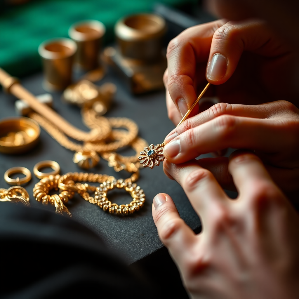 close-up of artisan hands crafting gold jewelry, detailed craftsmanship, luxury workshop setting