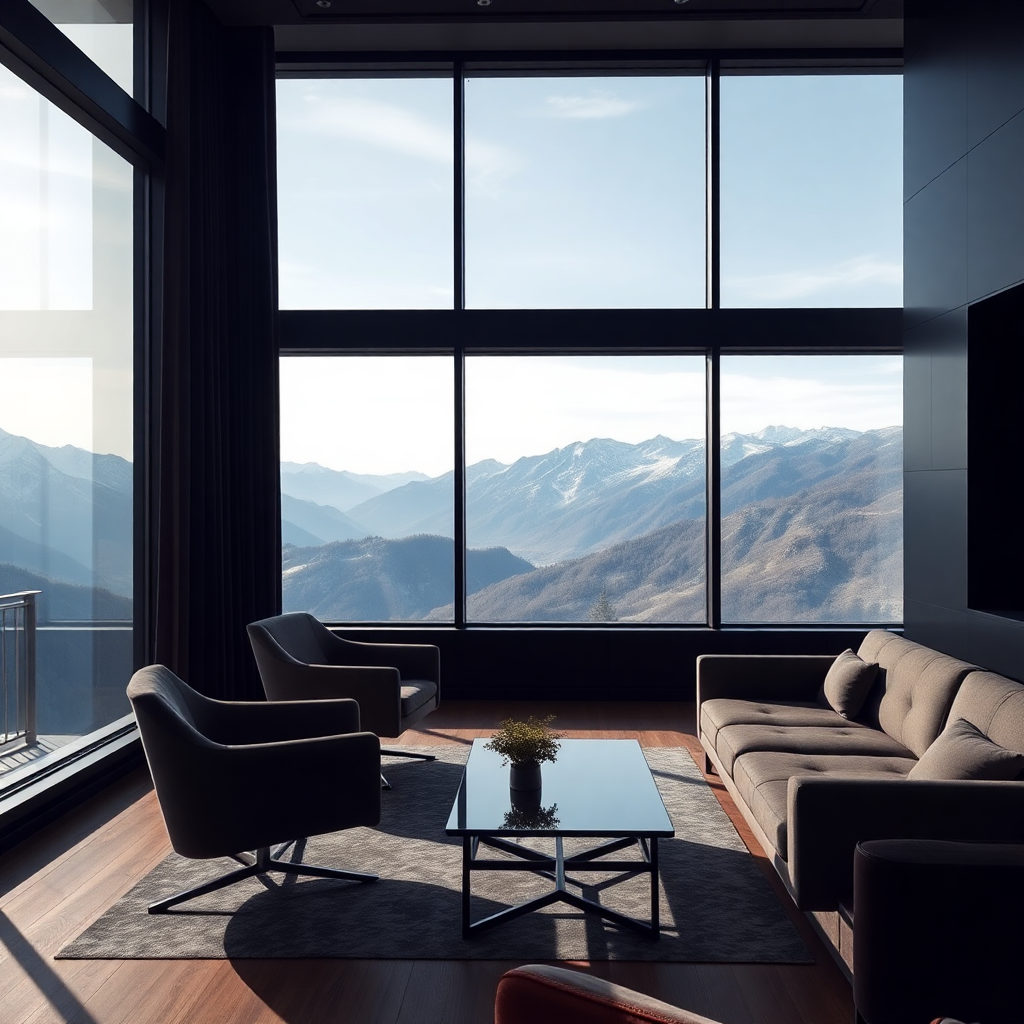 luxury modern consultation room Escaldes-Engordany Andorra with mountain view elegant meeting space sophisticated interior design floor-to-ceiling windows overlooking Pyrenees professional atmosphere editorial photography dark moody