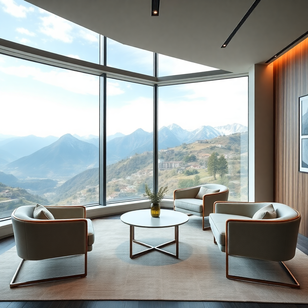 luxury modern consultation room Andorra with mountain view elegant meeting space sophisticated interior design floor-to-ceiling windows overlooking Pyrenees professional atmosphere editorial photography