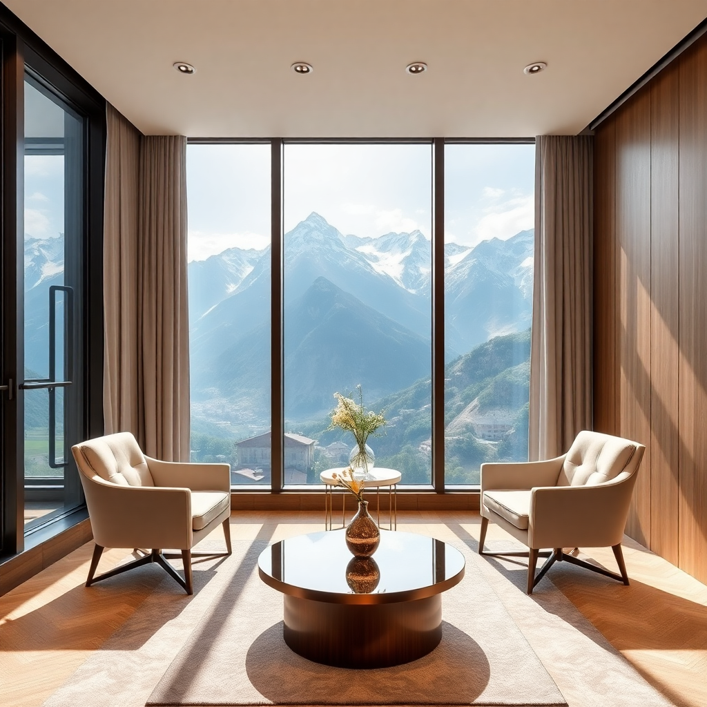 luxury modern consultation room Andorra with mountain view elegant meeting space sophisticated interior design floor-to-ceiling windows overlooking Pyrenees professional atmosphere editorial photography