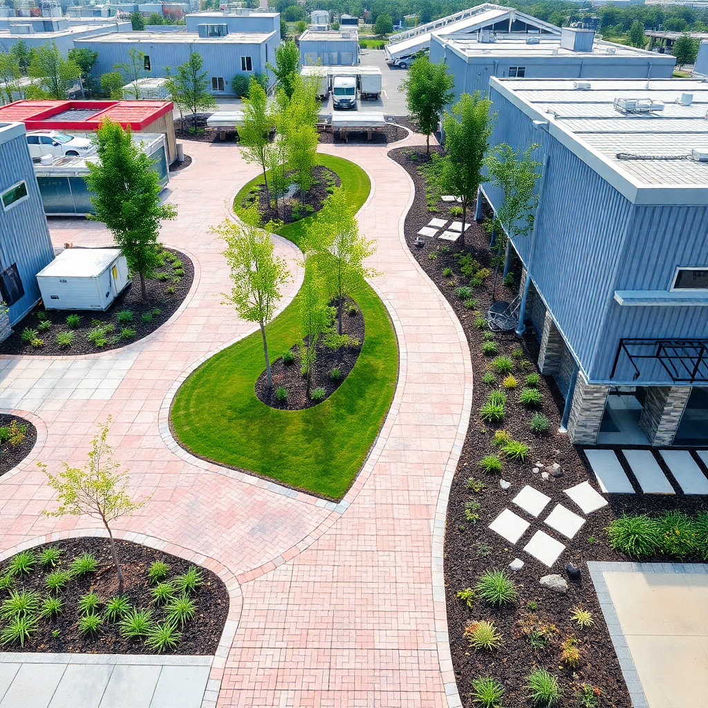 industrial landscaping with pavements walkways and green areas