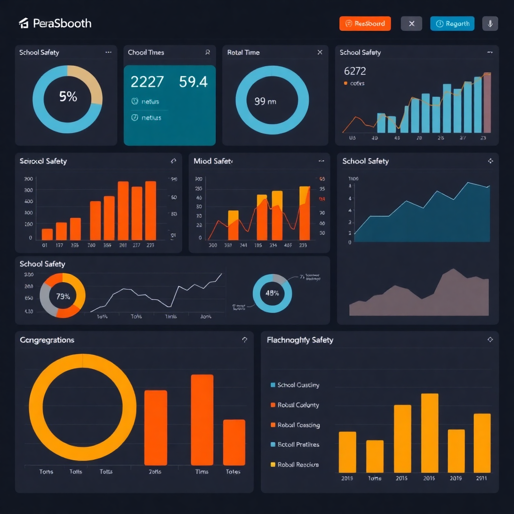 real-time analytics dashboard with charts, graphs, school safety metrics, modern data visualisation interface