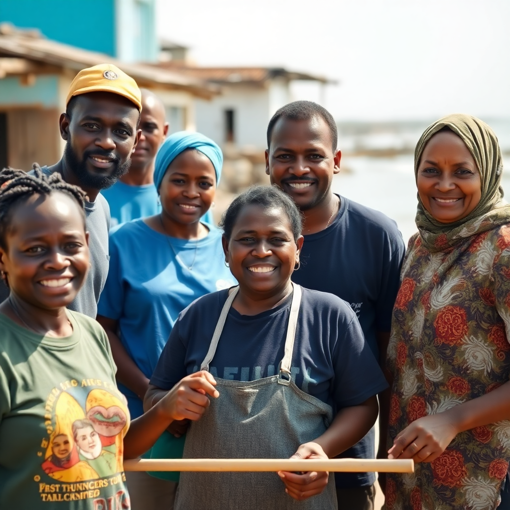 Documentary style portrait of a diverse group of community members and volunteers working together in a Lagos coastal area, bright natural light