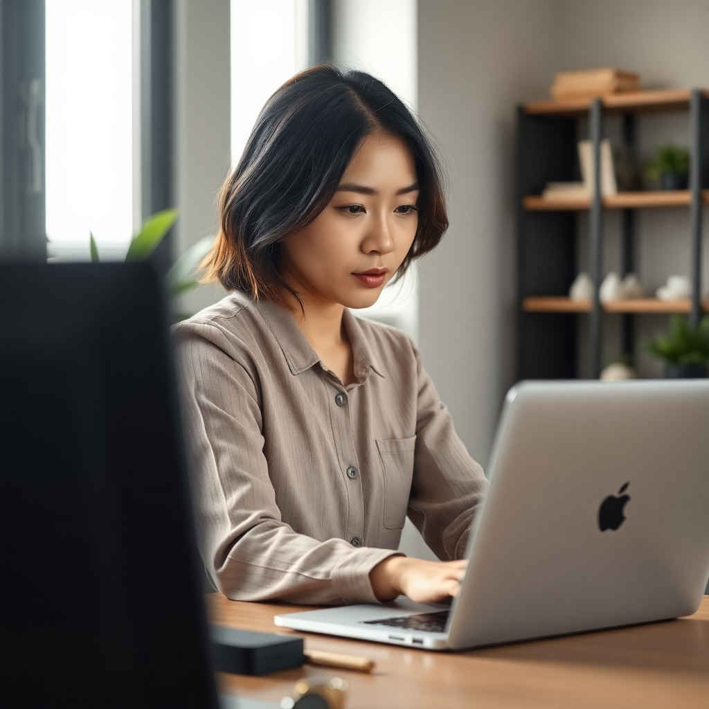 Asian woman working on laptop in modern workspace, focused and determined, natural window light