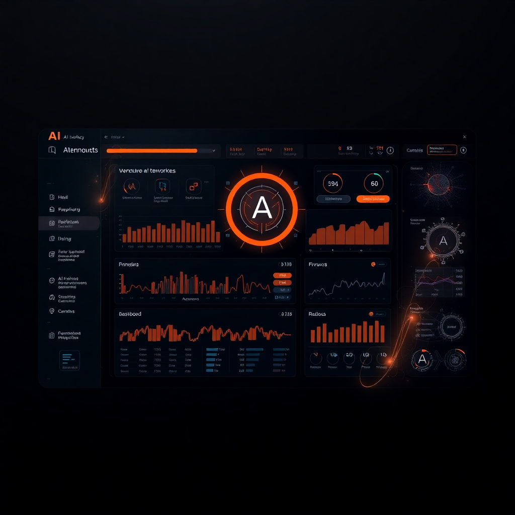 futuristic AI technology dashboard with holographic interface, neural networks, data visualization, dark theme with orange accents, high-tech modern design