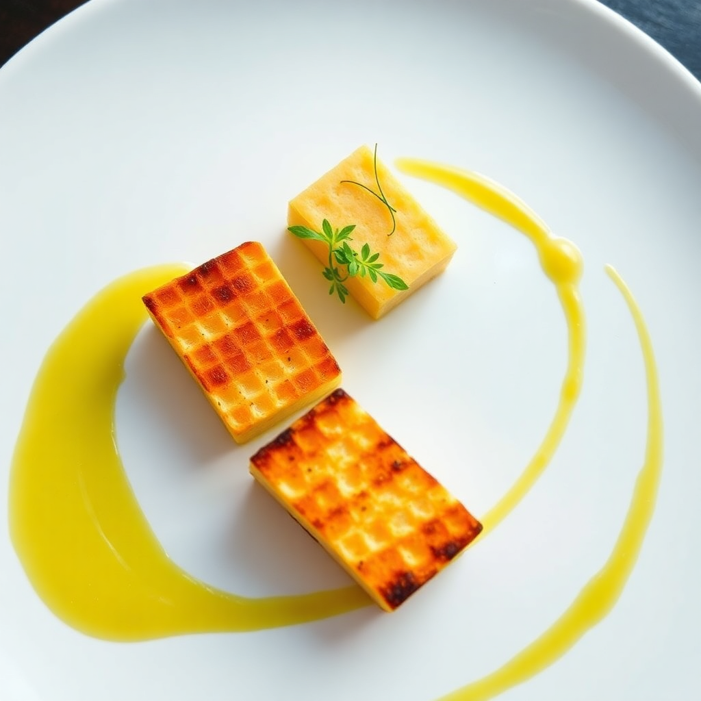 An elegant plate of modern Chipa Guasu, deconstructed with corn foam and grilled cheese, garnished with microgreens. professional food photography, minimalist