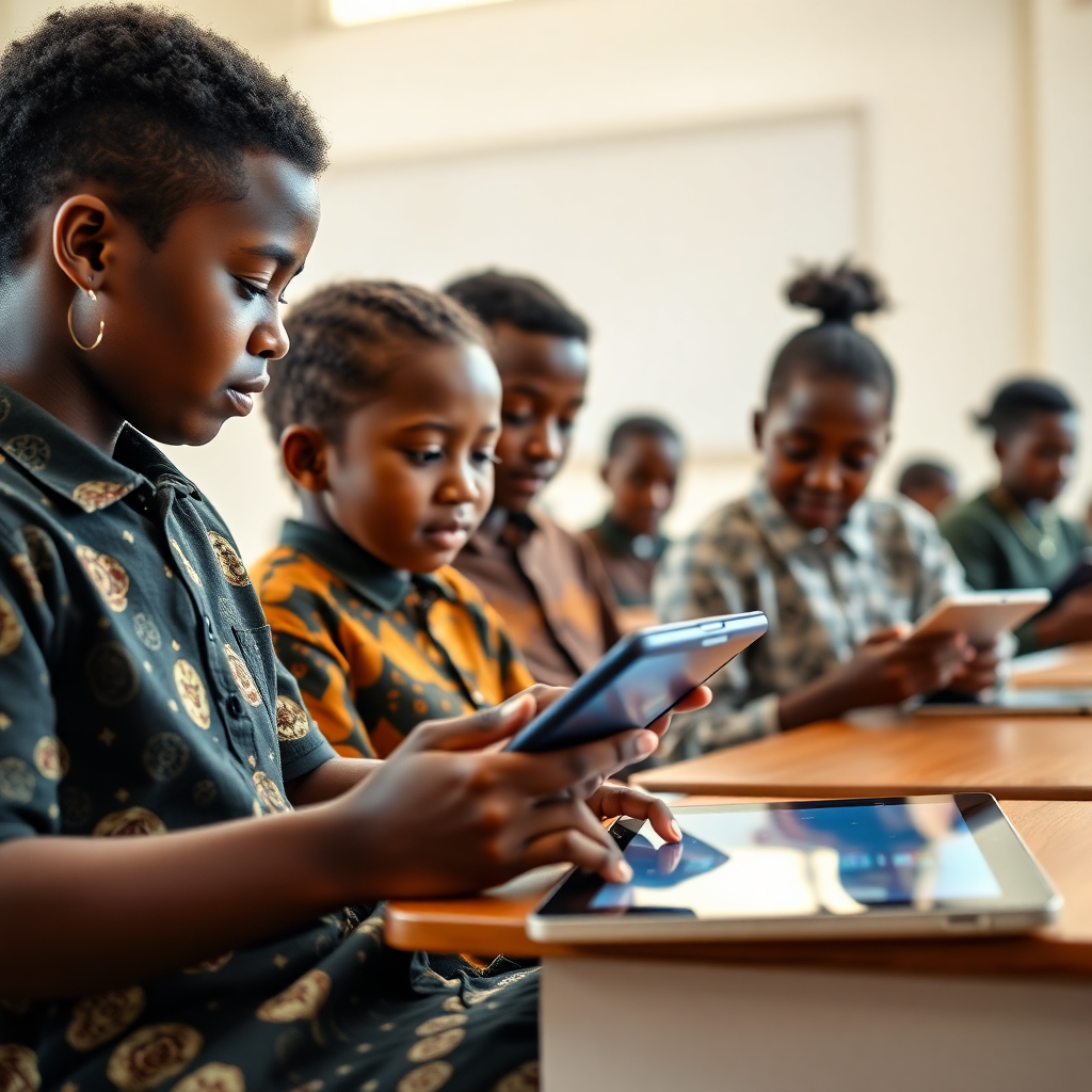modern african school students using tablets digital learning classroom bright natural light professional photography