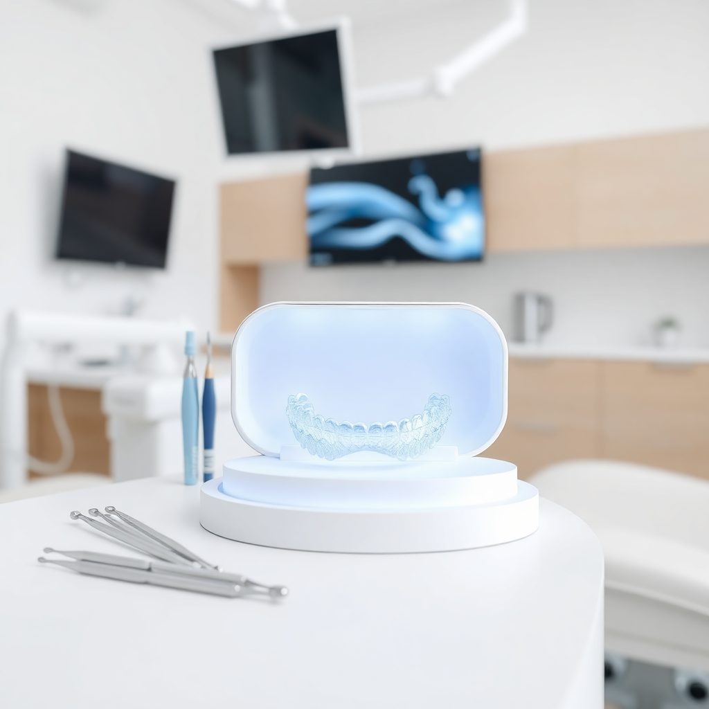 invisalign clear aligners on modern display with dental tools, professional dental office setting, clean white background, healthcare photography