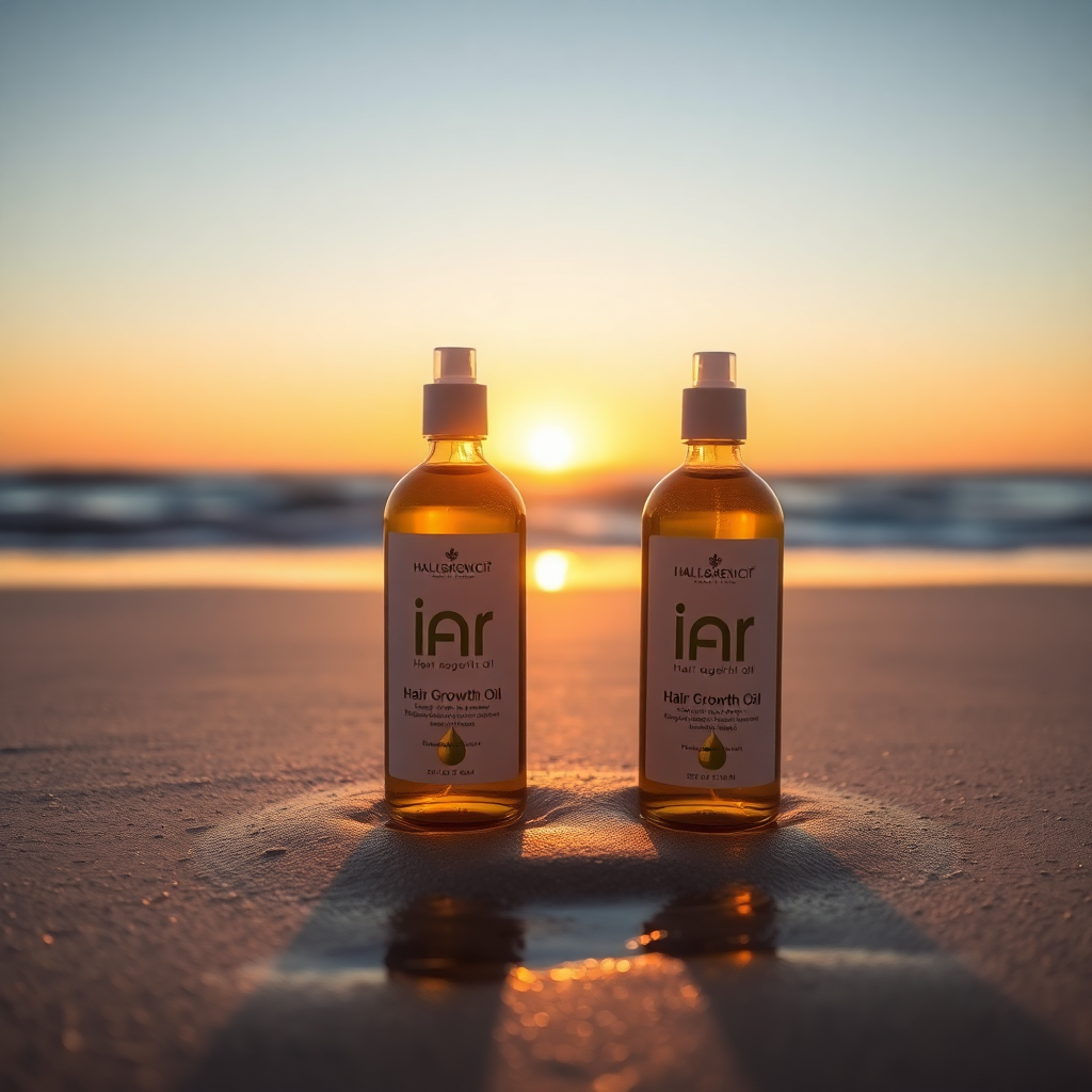 Two IAR hair growth oil bottles on a beach at sunset, golden hour lighting, product photography, luxurious feel, reflections in the wet sand